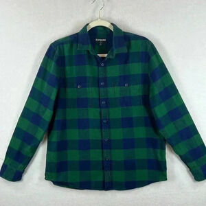 Express Men’s Flannel Shirt Size L Blue and Green 100% Cotton
